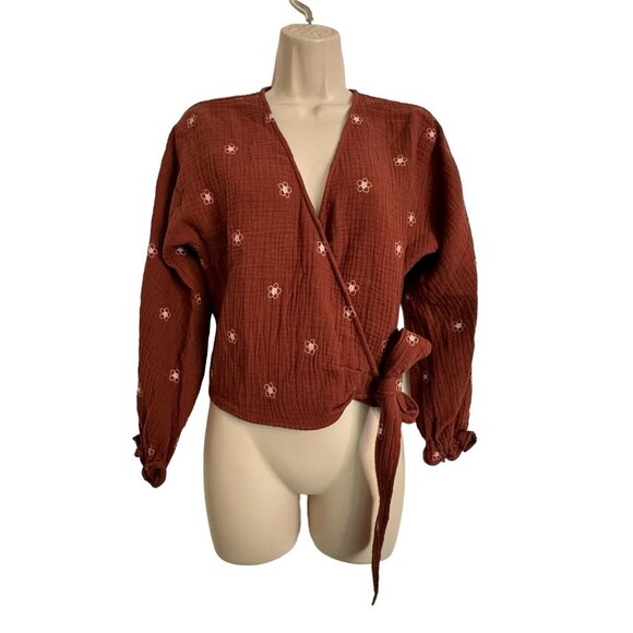 Madewell Wrap Gauze Cotton Side Tie Blouse Embroidered Pink Flowers Size XS - Picture 10 of 10